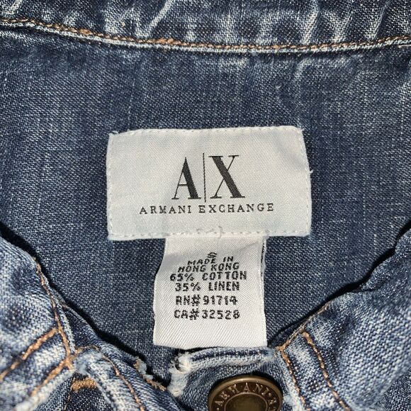Armani Exchange A|X Small Jean Jacket Distressed Button Up Pockets Blue Denim - Picture 7 of 7